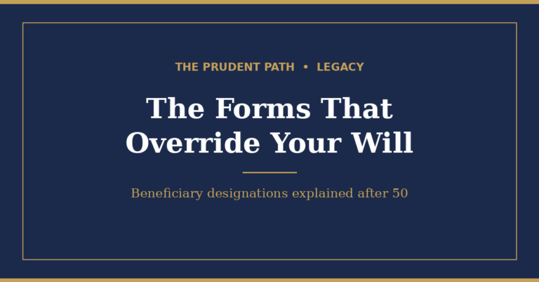 Navy and gold Prudent Path graphic reading "The Forms That Override Your Will," a Legacy guide to beneficiary designations after 50.